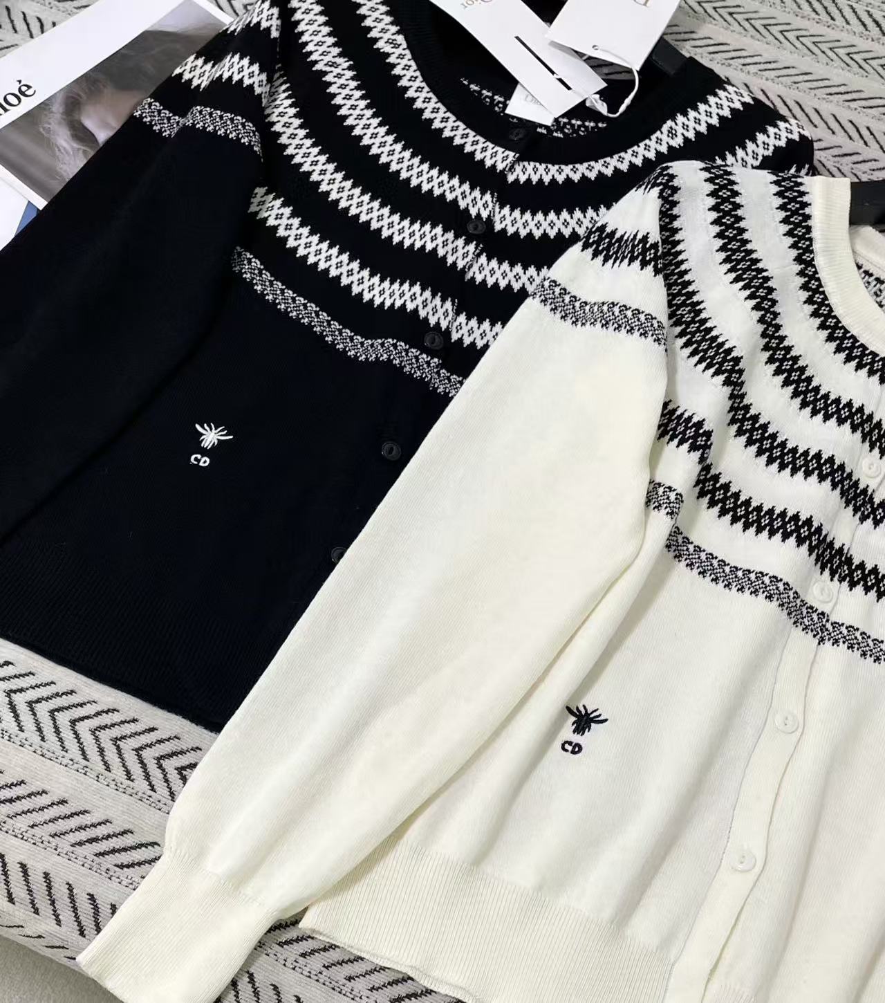 DIOR ブラック＆ホワイト バイカラー ウールカーディガン【50％割引+送料無料】