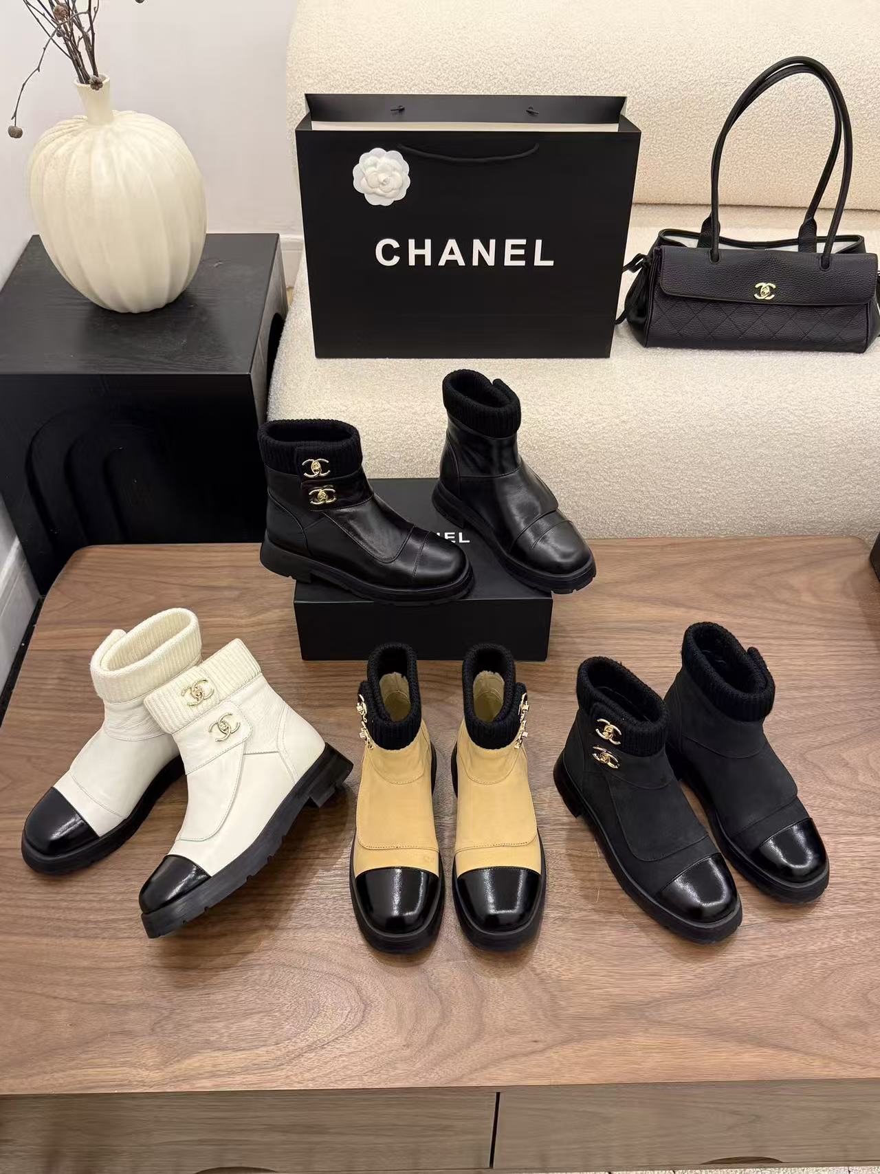 CHANE1 高品質ダブルCレザーアンクルブーツ【50％割引+送料無料】