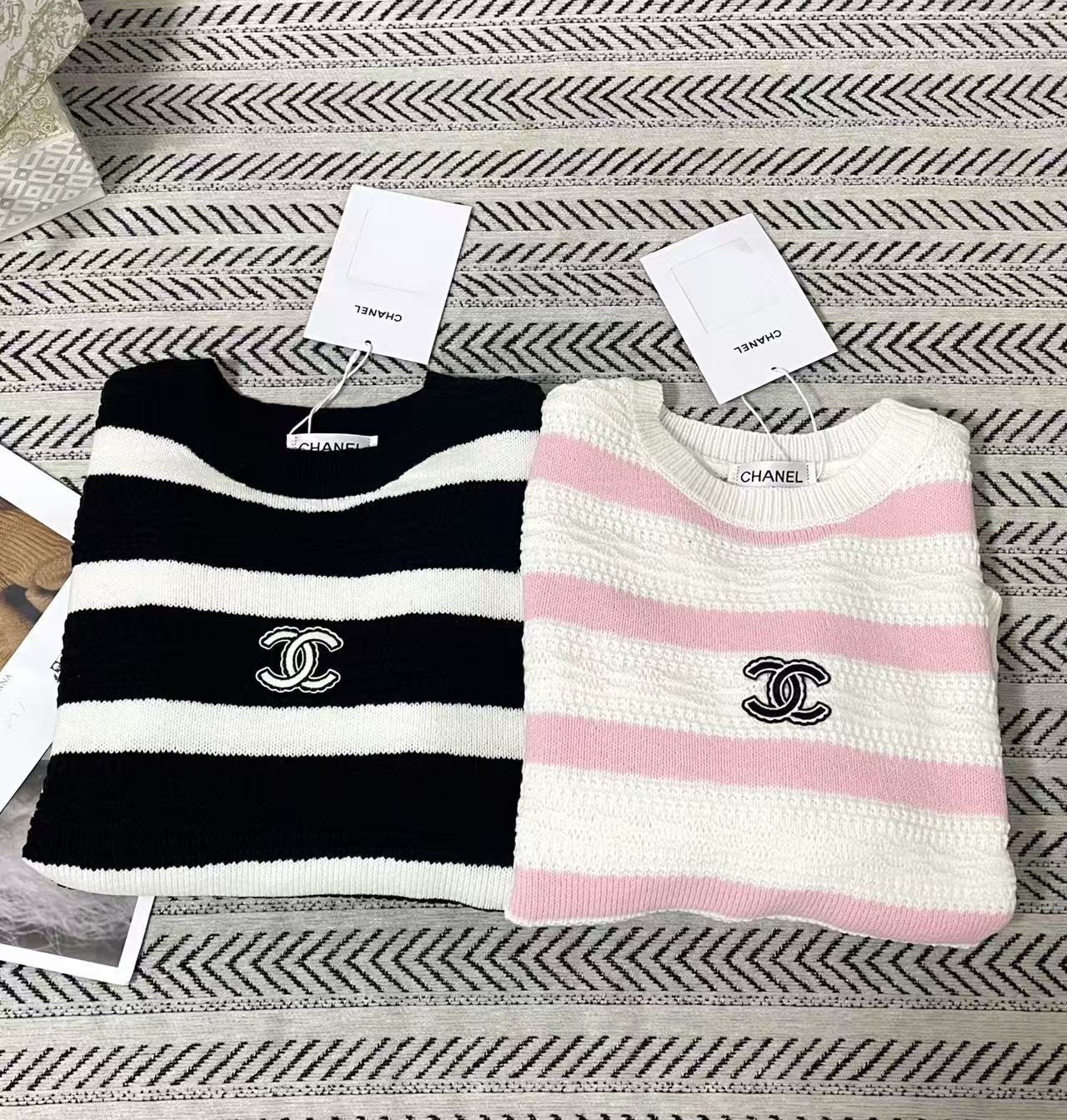 CHANEL ダブルC ストライプ柄ウールセーター【50％割引+送料無料】