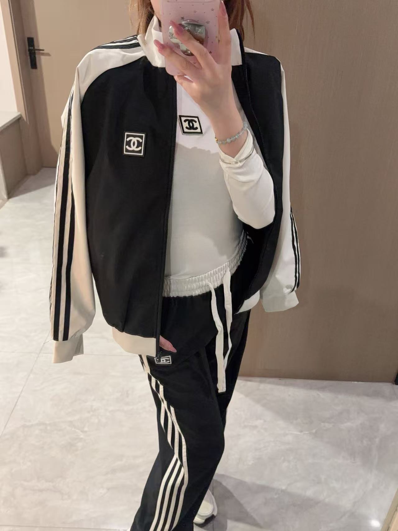 CHANE1 ダブルCカラーブロックジャケット＋パンツ ツーピースセット【50％割引+送料無料】