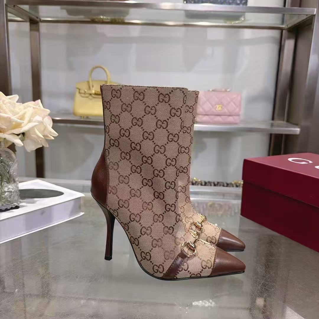 GUCCI ハイクオリティ・ジャカード・ポインテッドトゥ・ショートブーツ【50％割引+送料無料】