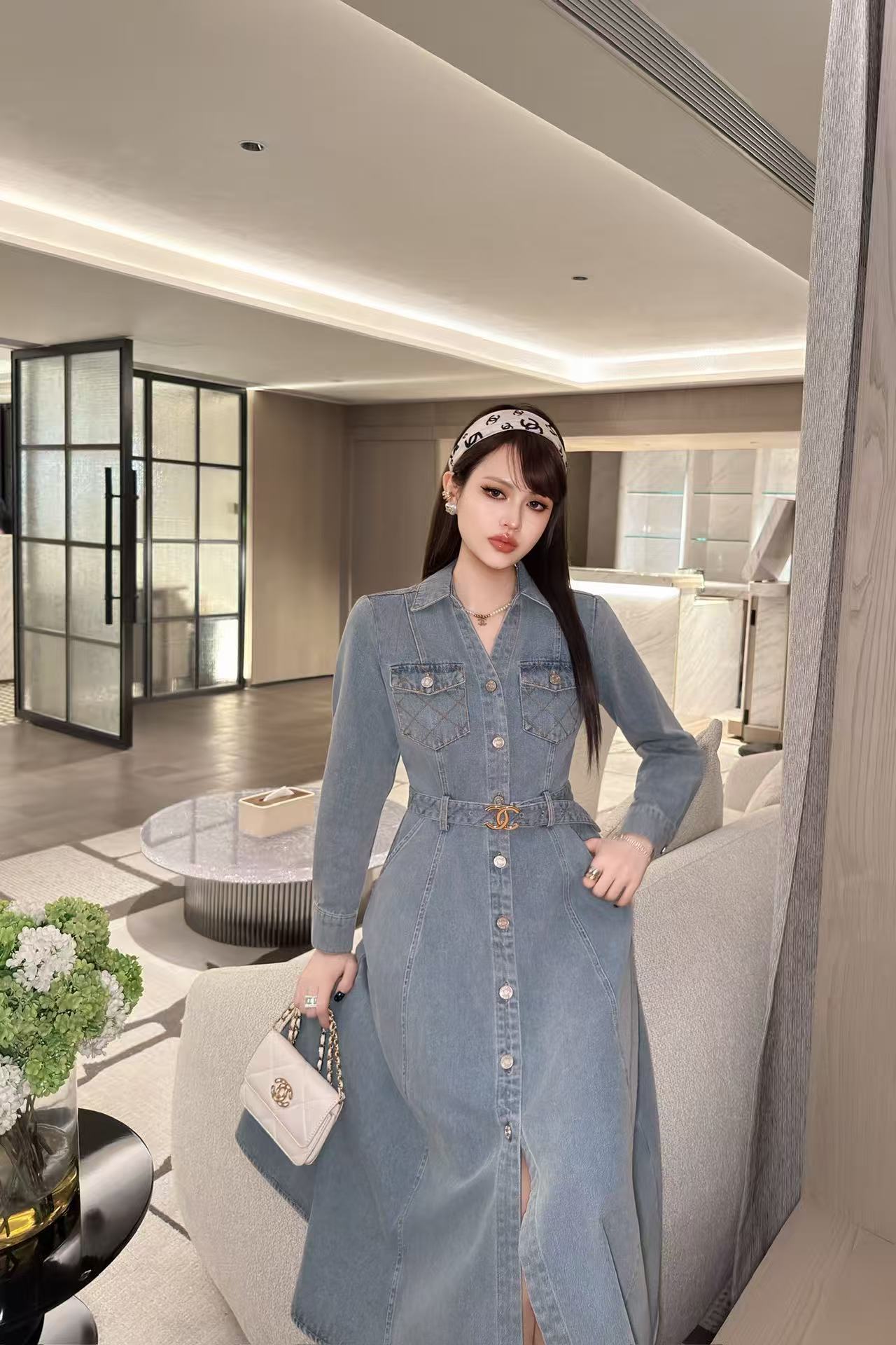 CHANEL ダブルC デニム長袖ワンピース【50％割引+送料無料】