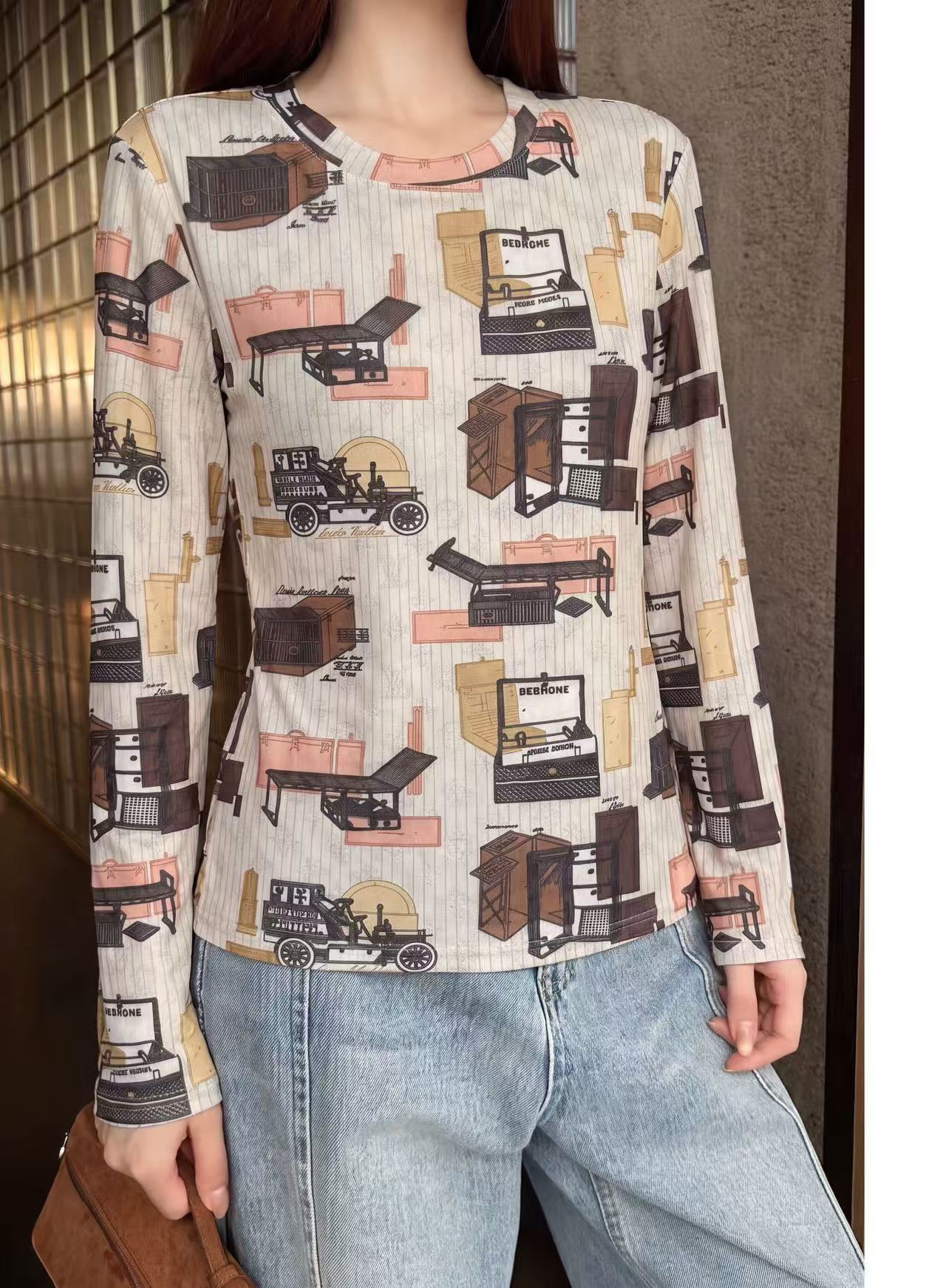 LVプリント長袖Tシャツ【50％割引+送料無料】