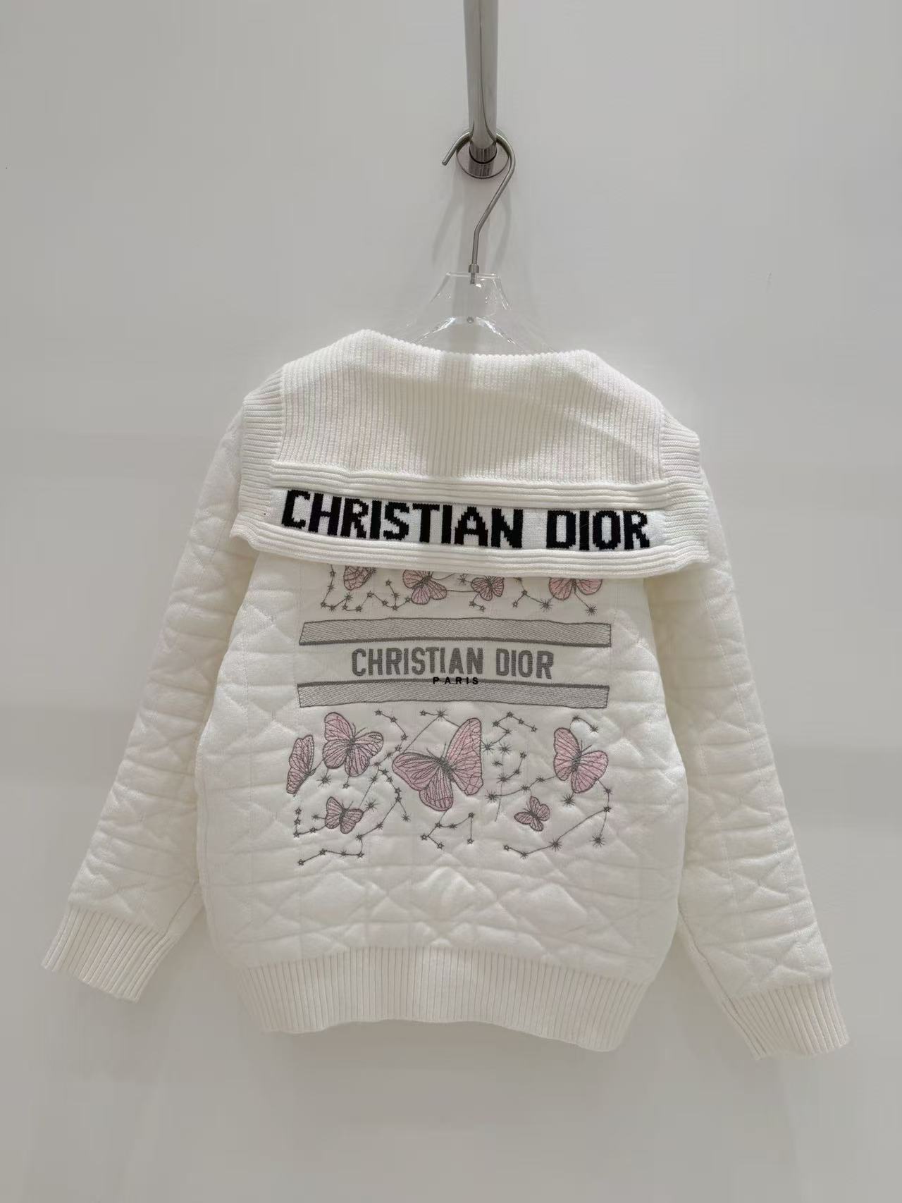 DIOR 格子柄刺繍・バタフライモチーフ ウールカーディガン【50％割引+送料無料】