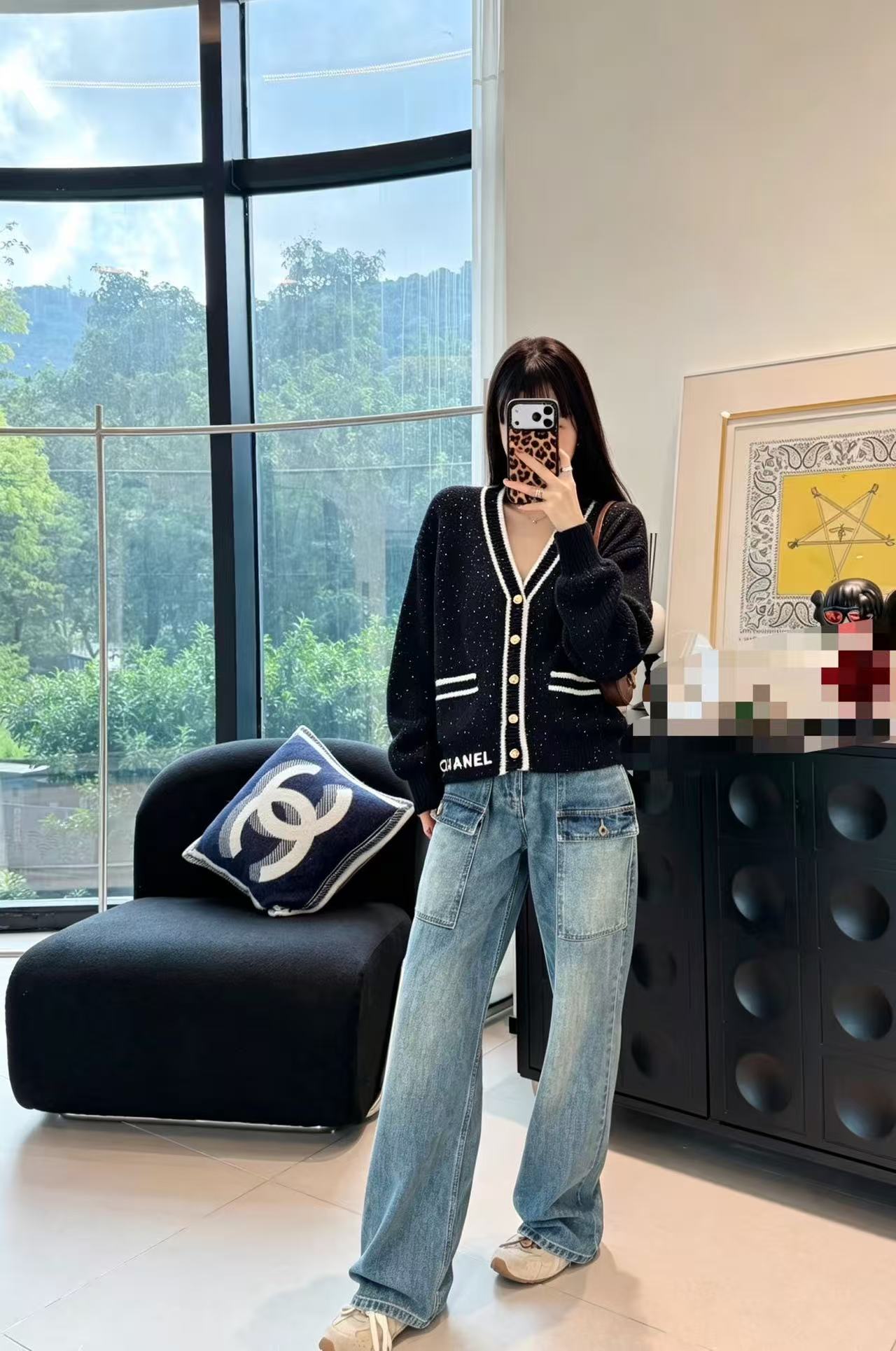 CHANEL スパンコール Vネック ウールカーディガン【50％割引+送料無料】