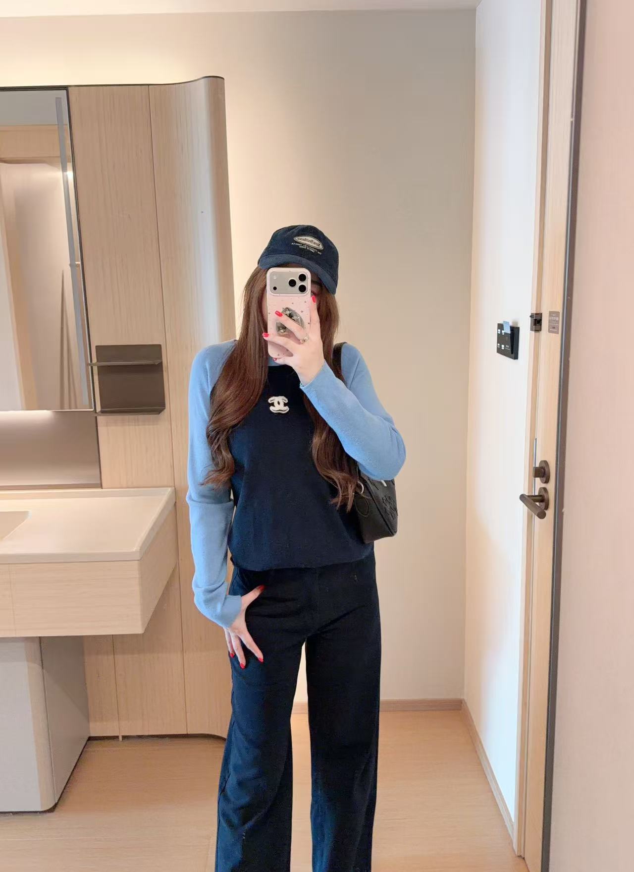CHANE1 ダブルC カラーブロック 長袖Tシャツ【50％割引+送料無料】