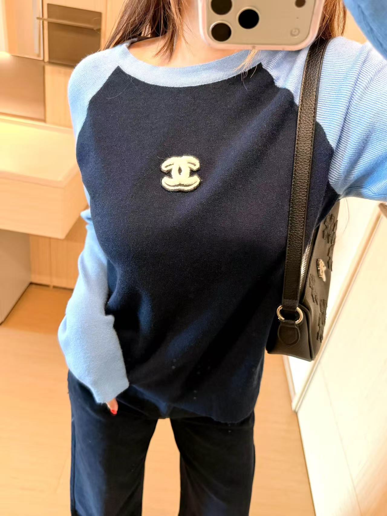 CHANE1 ダブルC カラーブロック 長袖Tシャツ【50％割引+送料無料】