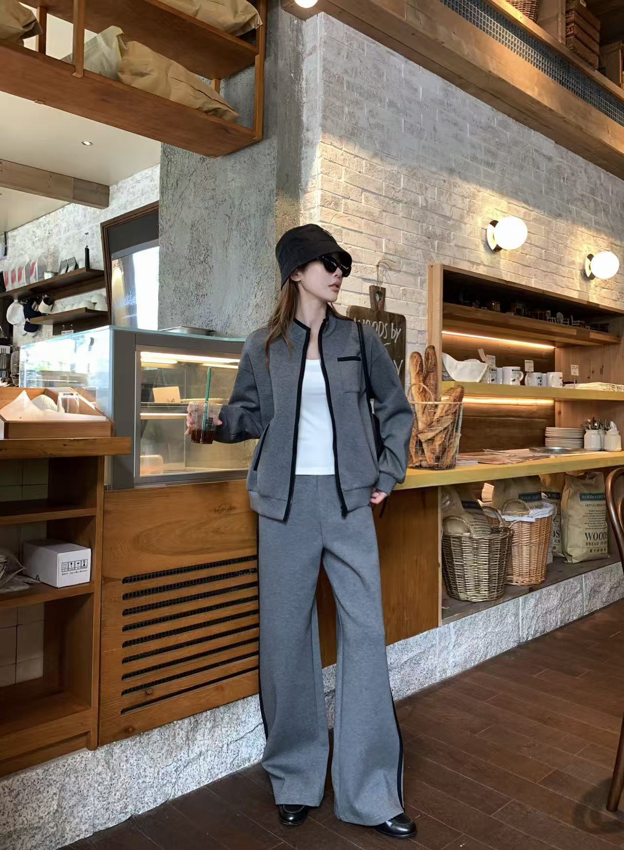 CHANE1 スタンドカラー・ジップアップジャケット＋ロングパンツ 2点セット【50％割引+送料無料】