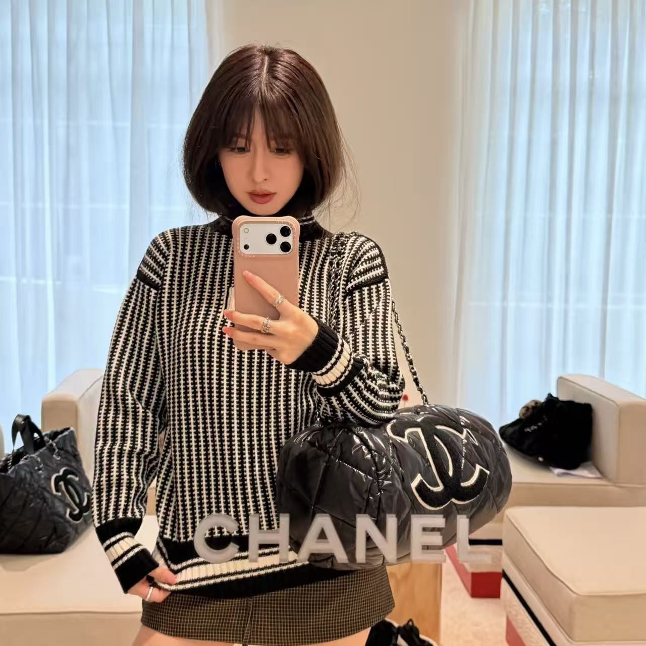 CHANEL ダブルC ストライプ ウールセーター【50％割引+送料無料】
