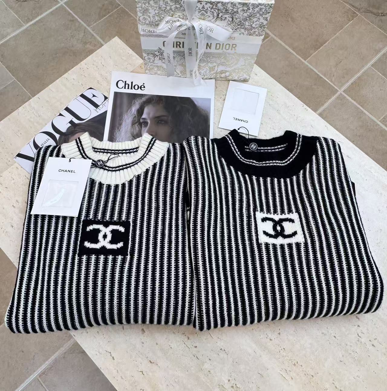 CHANEL ダブルC ストライプ ウールセーター【50％割引+送料無料】