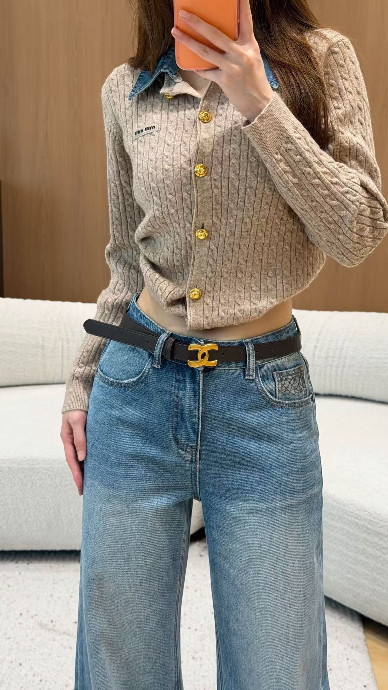 CHANEL ダブルCロゴ ベルト付きデニムパンツ【50％割引+送料無料】