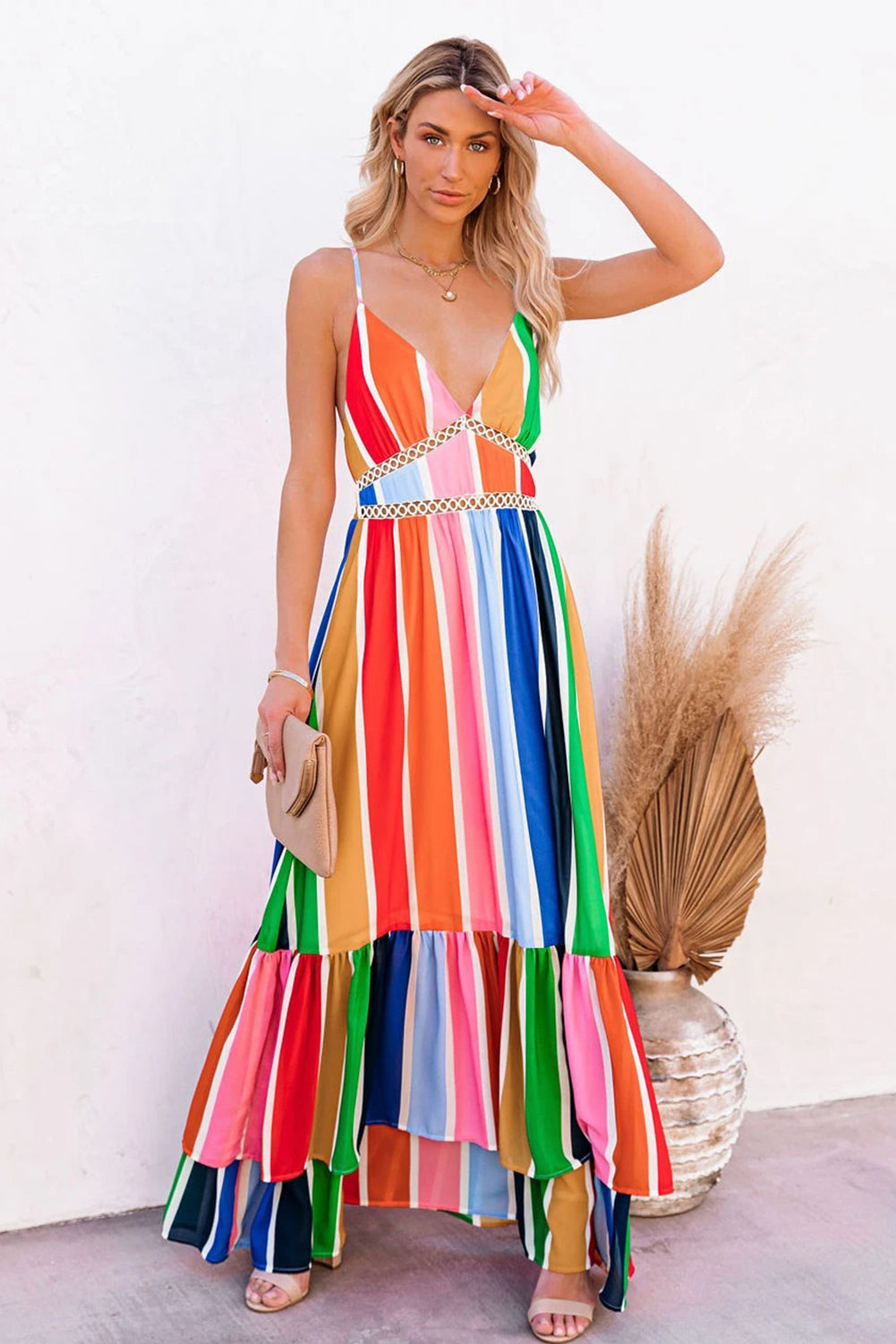 验bug，限时促销活动1，商品1，原价14.99，限时促销价9.99Crochet Insert Multicolor Striped Maxi Dress