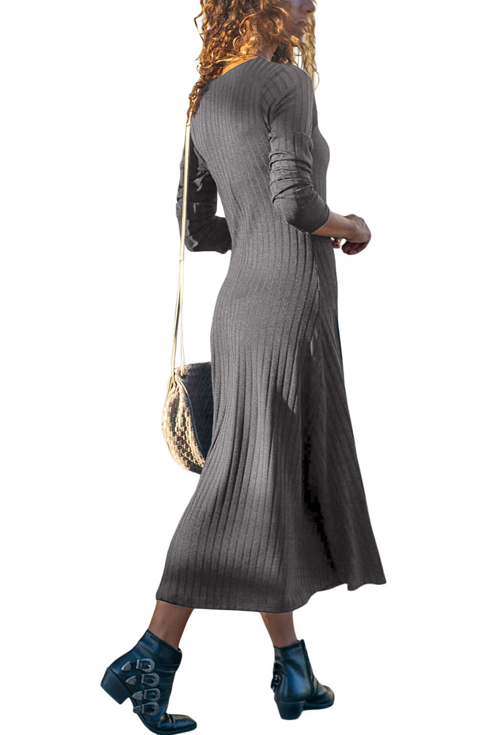 Button Front Long Sleeve Ribbed Maxi Dress