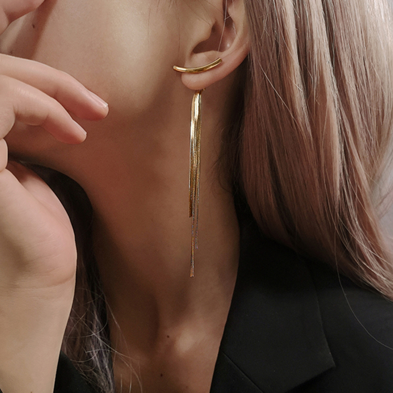 【无spu，无款式】Peri'sBox Bar Long Thread Tassel Earrings Glossy Arc Geometric Earrings for Women Gold Silver Color Statement Earrings 2019 New