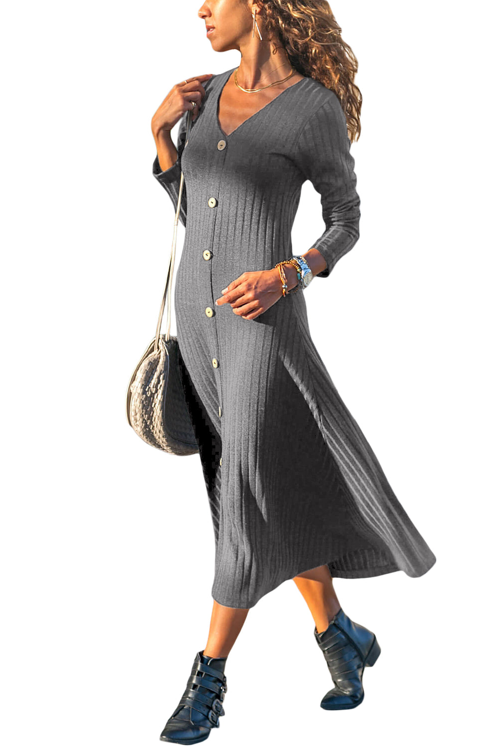 Button Front Long Sleeve Ribbed Maxi Dress