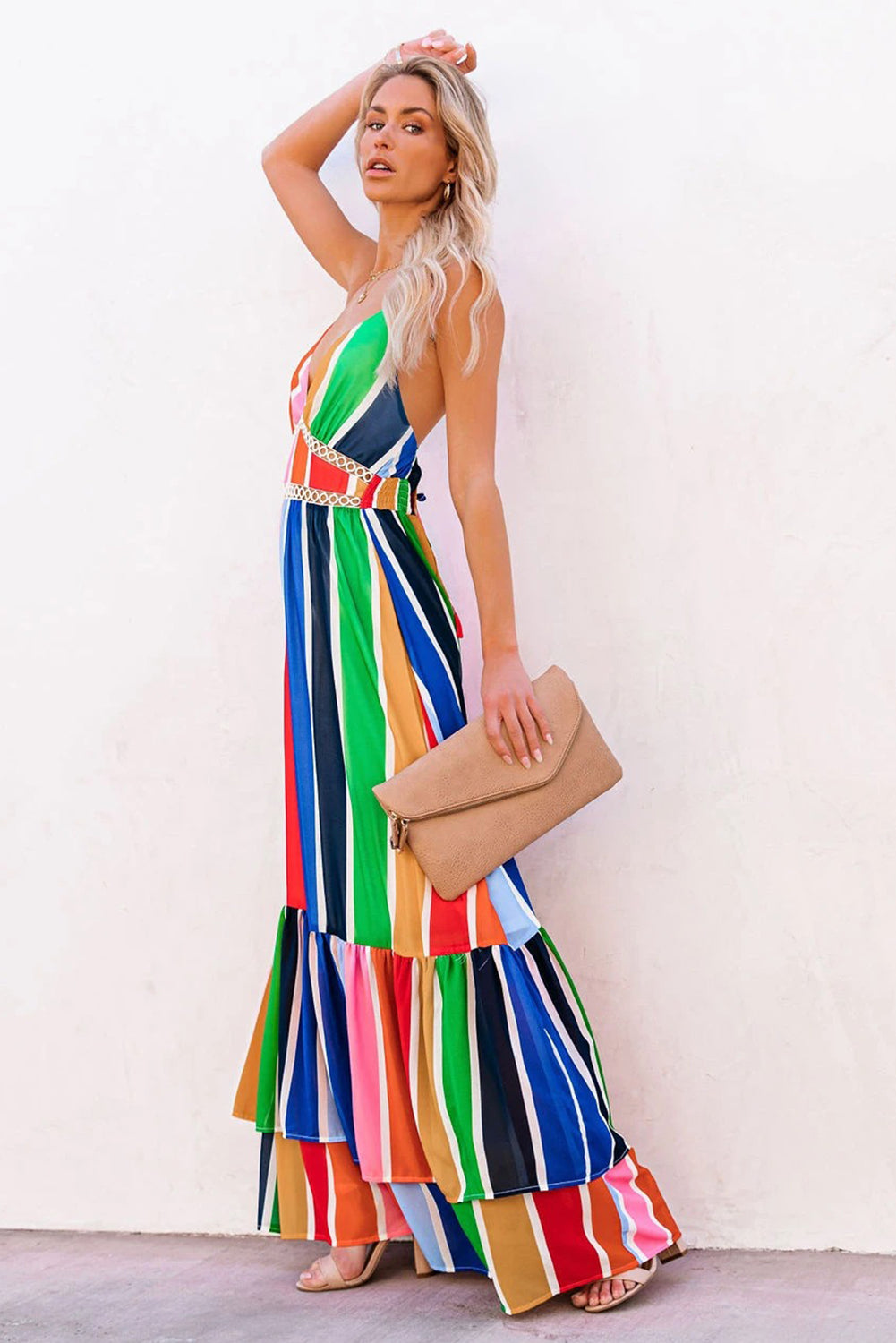 验bug，限时促销活动1，商品1，原价14.99，限时促销价9.99Crochet Insert Multicolor Striped Maxi Dress