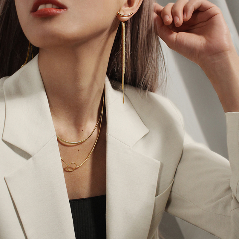 【无spu，无款式】Peri'sBox Bar Long Thread Tassel Earrings Glossy Arc Geometric Earrings for Women Gold Silver Color Statement Earrings 2019 New