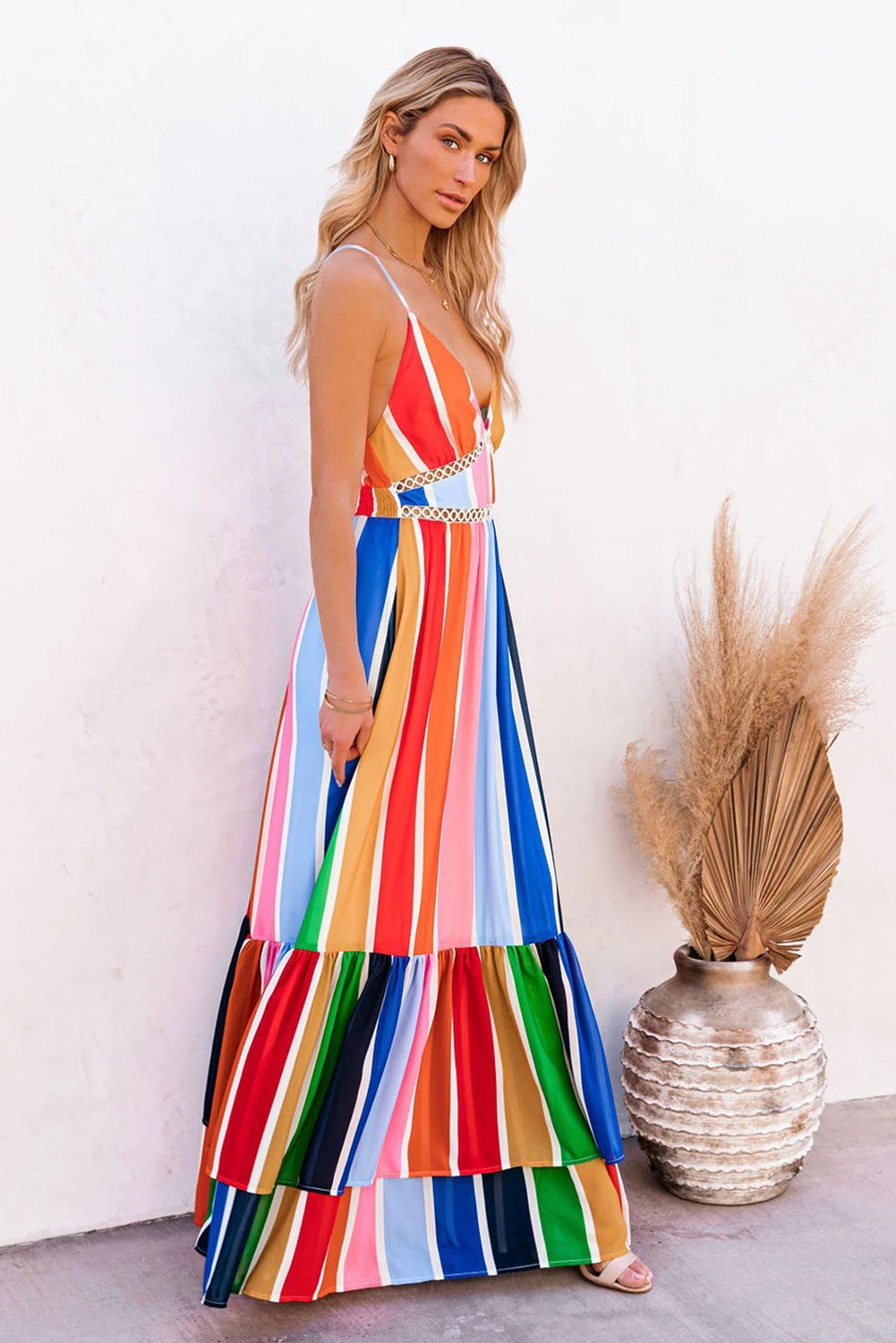 验bug，限时促销活动1，商品1，原价14.99，限时促销价9.99Crochet Insert Multicolor Striped Maxi Dress