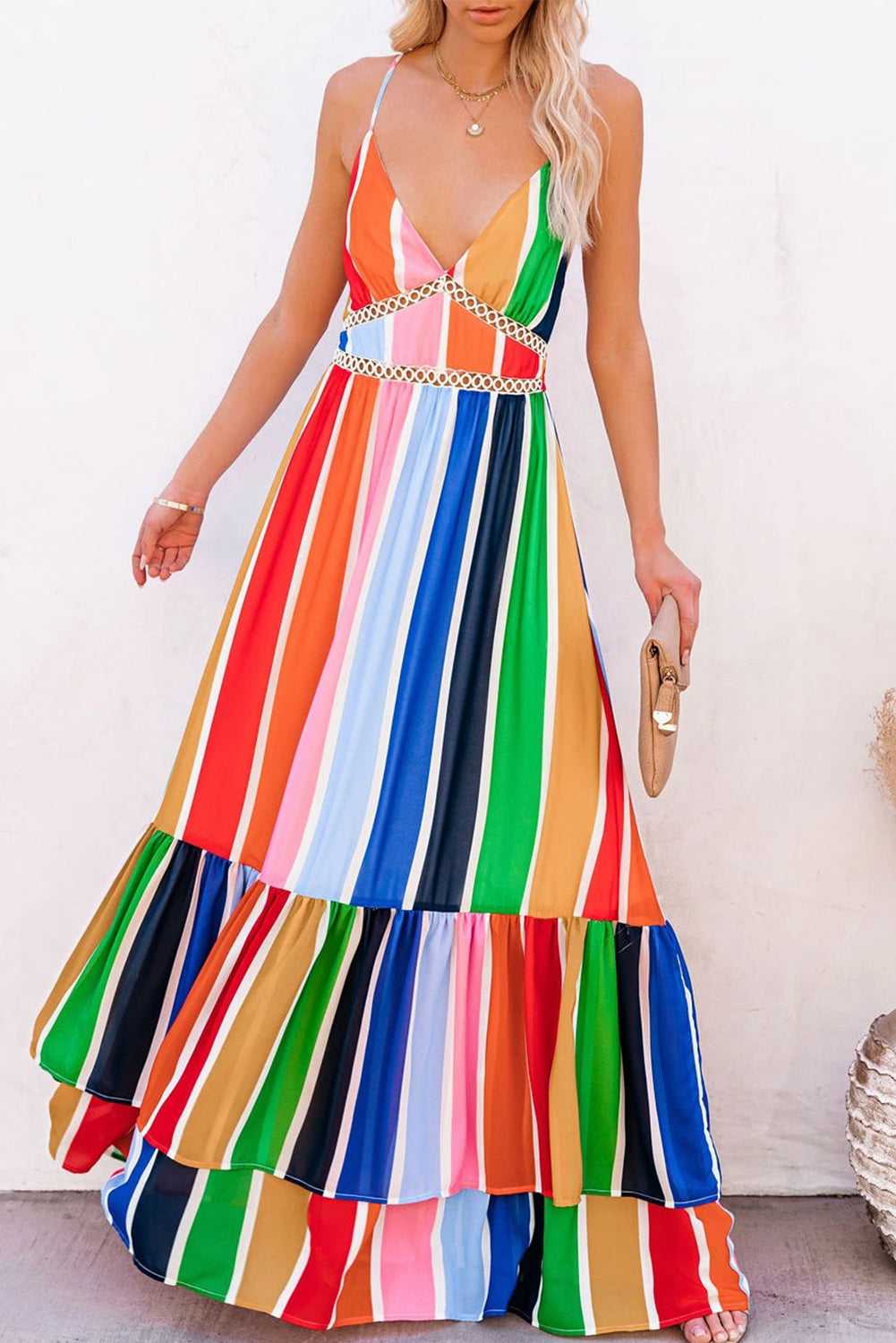 验bug，限时促销活动1，商品1，原价14.99，限时促销价9.99Crochet Insert Multicolor Striped Maxi Dress
