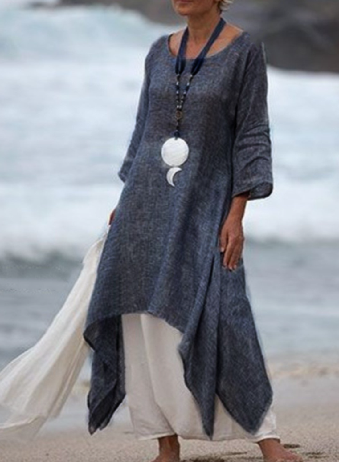 Women's Maxi Dresses Asymmetric A-line Solid 3/4 Sleeve Round Neck Daily Cotton Linen Boho Maxi Dress