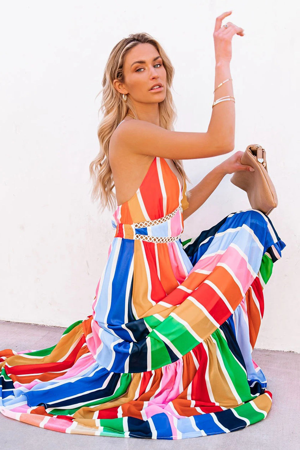 验bug，限时促销活动1，商品1，原价14.99，限时促销价9.99Crochet Insert Multicolor Striped Maxi Dress