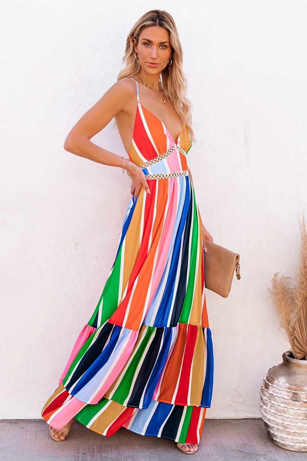 验bug，限时促销活动1，商品1，原价14.99，限时促销价9.99Crochet Insert Multicolor Striped Maxi Dress