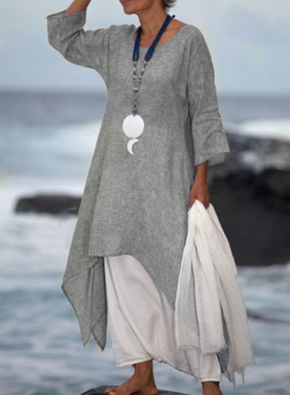 Women's Maxi Dresses Asymmetric A-line Solid 3/4 Sleeve Round Neck Daily Cotton Linen Boho Maxi Dress