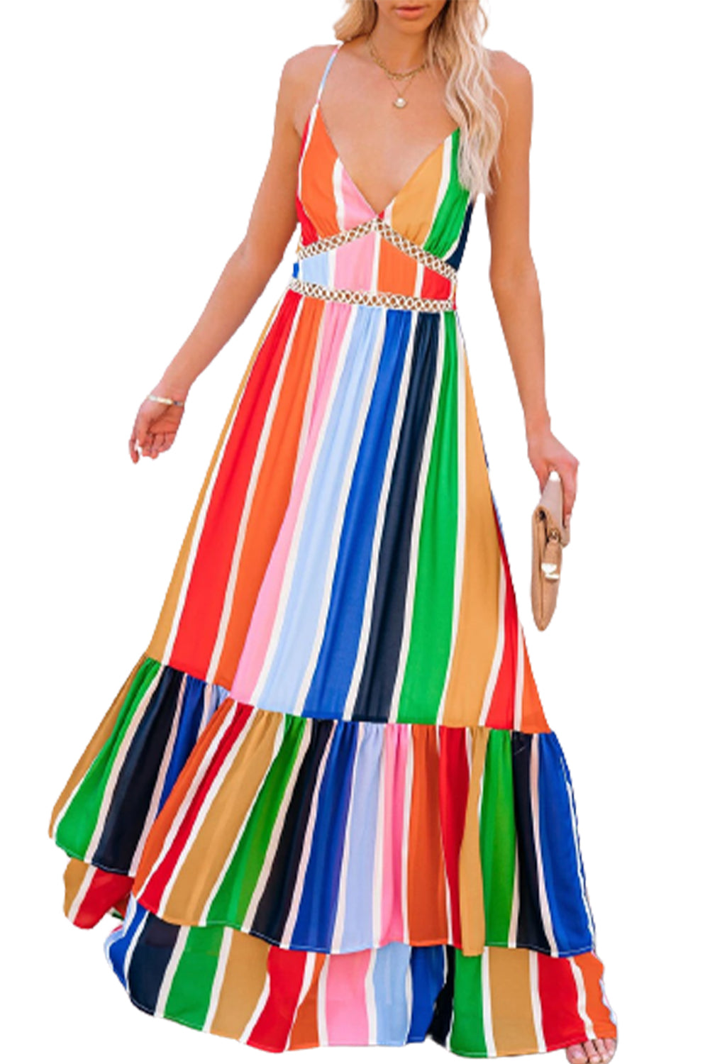 验bug，限时促销活动1，商品1，原价14.99，限时促销价9.99Crochet Insert Multicolor Striped Maxi Dress