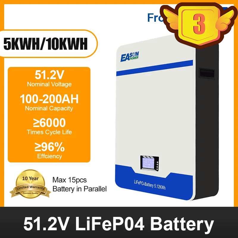 Easun 5kwh 10kwh Powerwall 48v Lifepo4 Battery 51.2v 100Ah 200Ah 10 Years Warranty