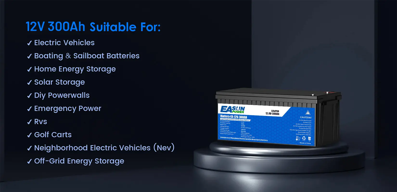 EASUN POWER 12V 300Ah LiFePO4 battery applications for RV, marine, solar and off-grid energy storage