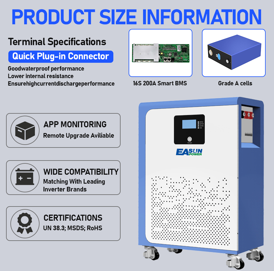Easun 5kwh 10kwh 15kwh Powerwall 48v Lifepo4 Battery 51.2v 100Ah 200Ah 300Ah 10 Years Warranty