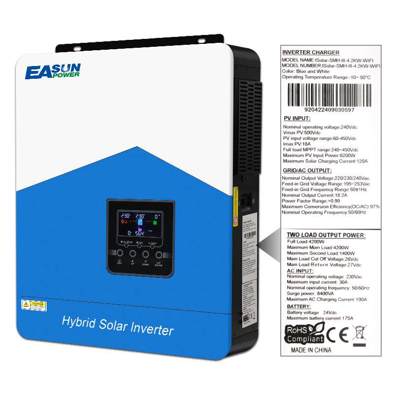 EASUN 4.2K MPPT Solar Inverter 24V 220V Pure Sine Wave Off Grid Hybrid Inverter 120A 