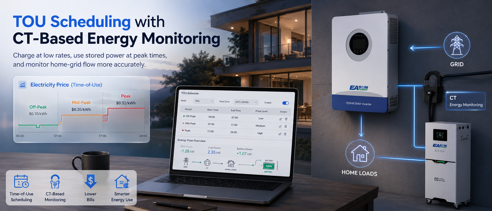 TOU scheduling and CT-based energy monitoring