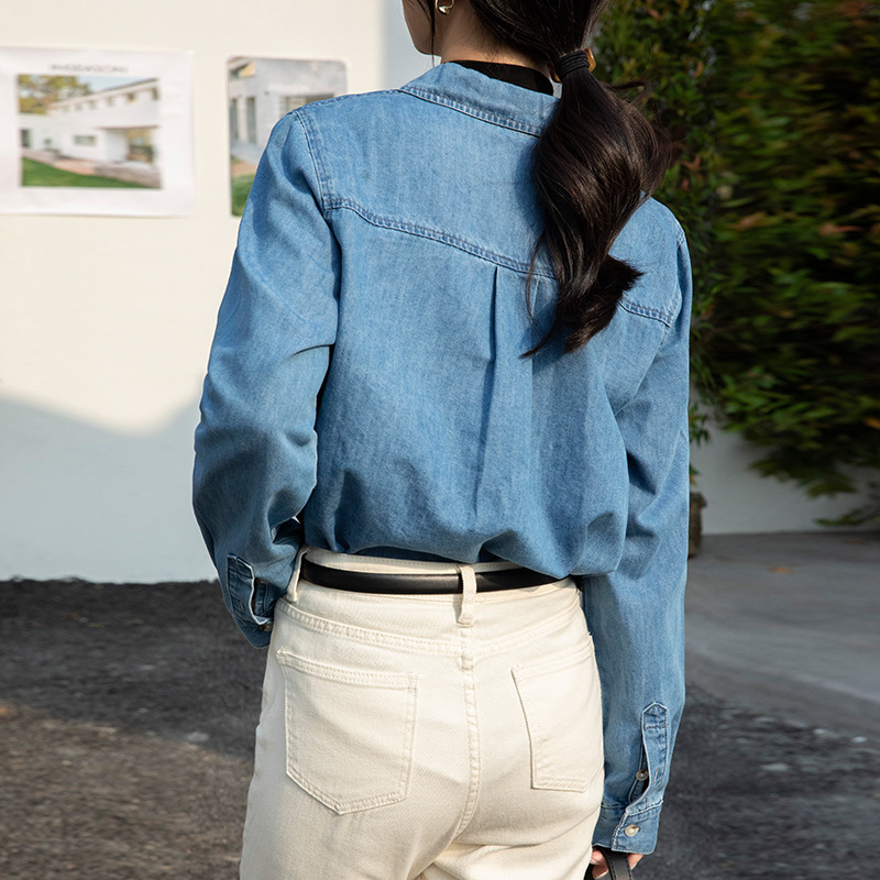 牛仔衬衫女内搭春装新款设计感蓝色外套宽松正肩叠穿法式衬衣长袖