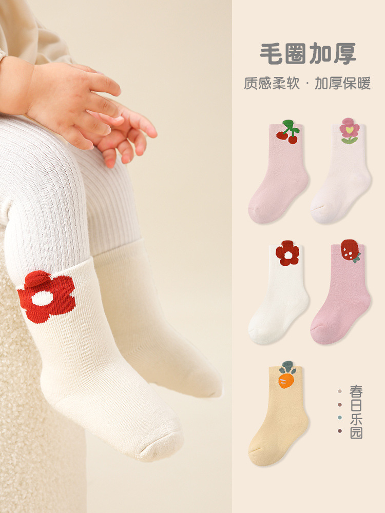 G382婴儿袜子秋冬批发加厚立体花朵毛圈袜A类可爱女童袜子精梳棉