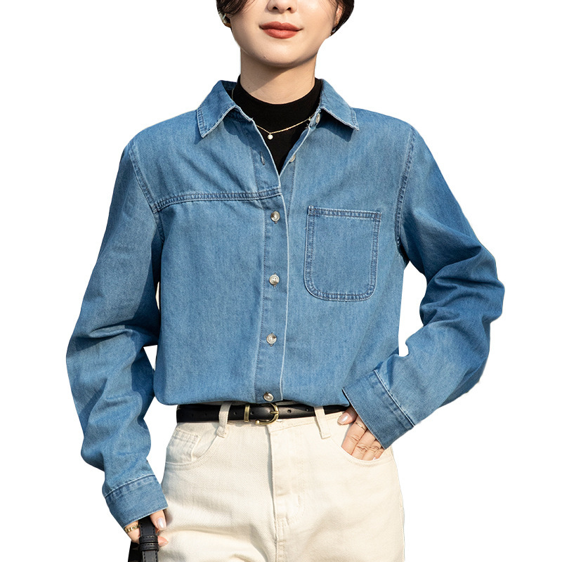 牛仔衬衫女内搭春装新款设计感蓝色外套宽松正肩叠穿法式衬衣长袖