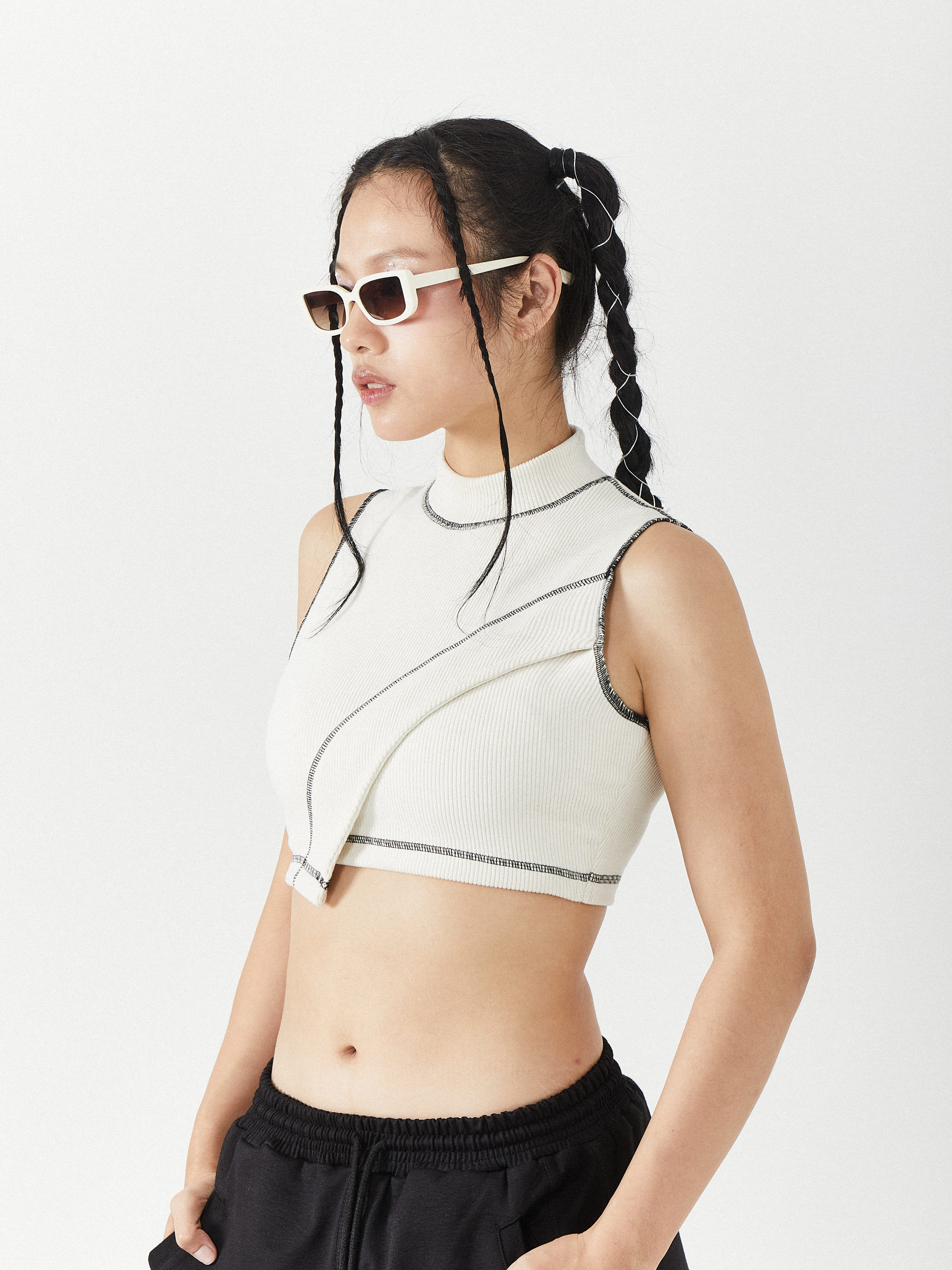 High Neck Stitch Top | Beige