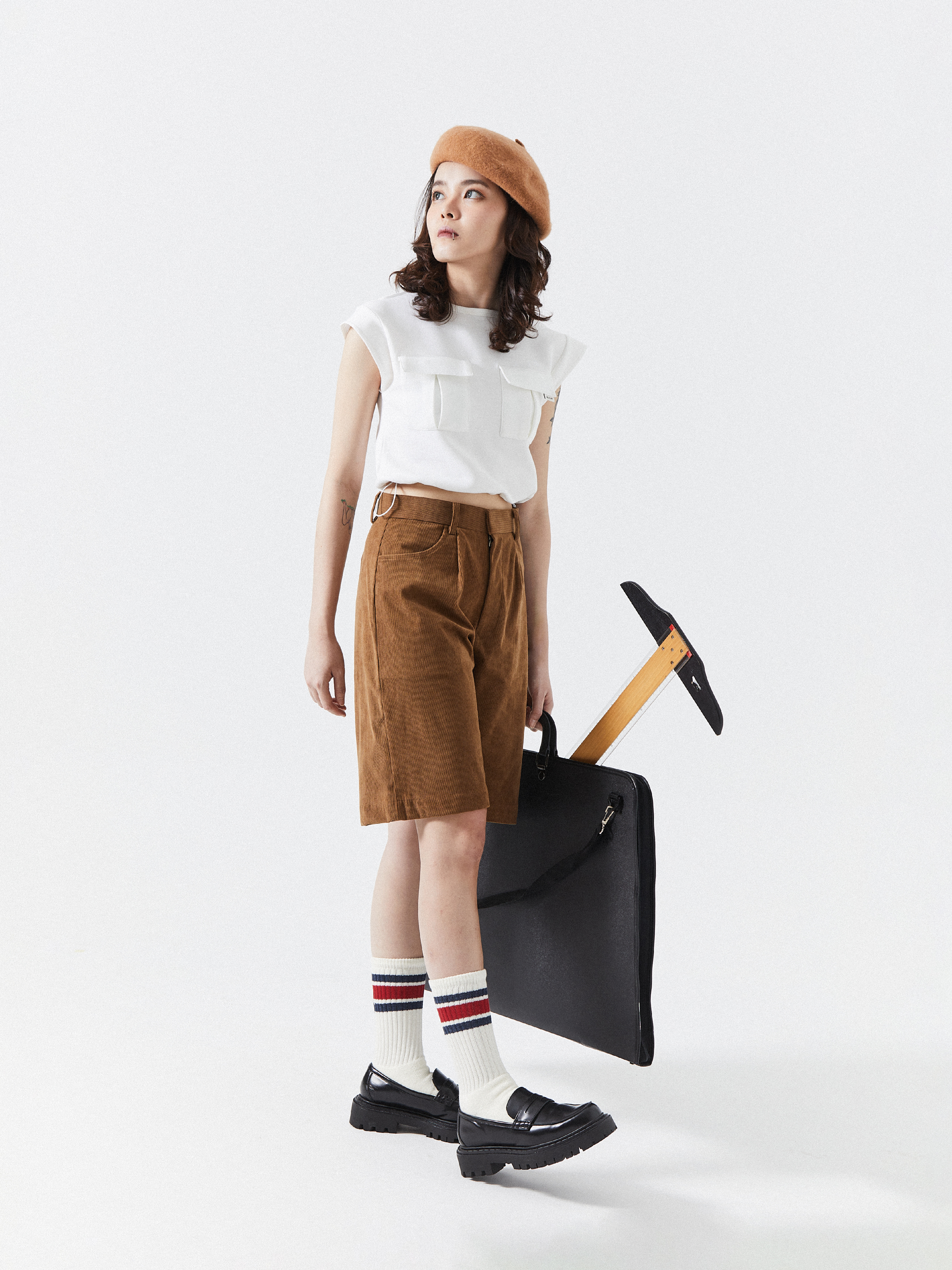 Suspender Corduroy Knee Length Shorts