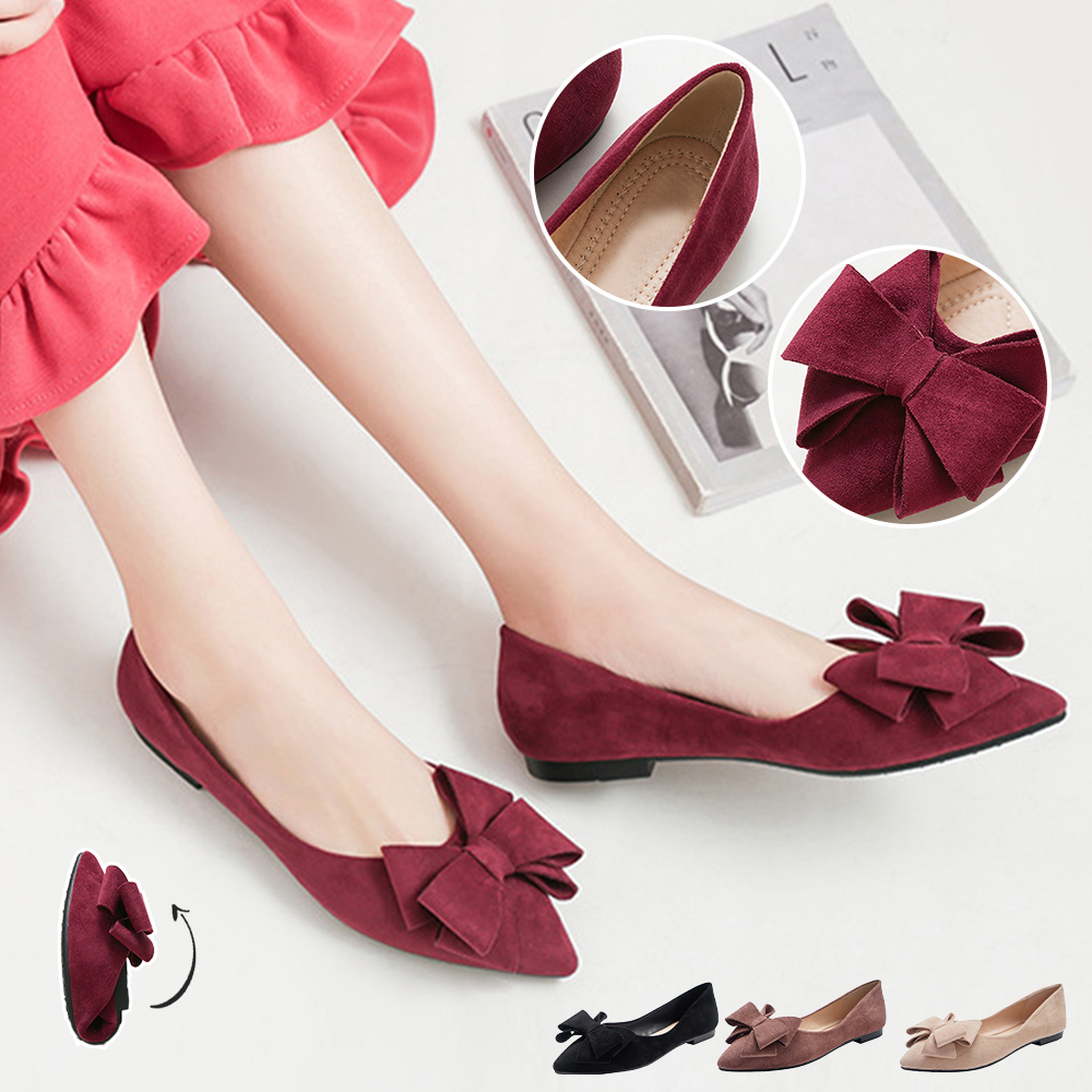 Reemelody Ladies simple solid color bow flat suede shoes