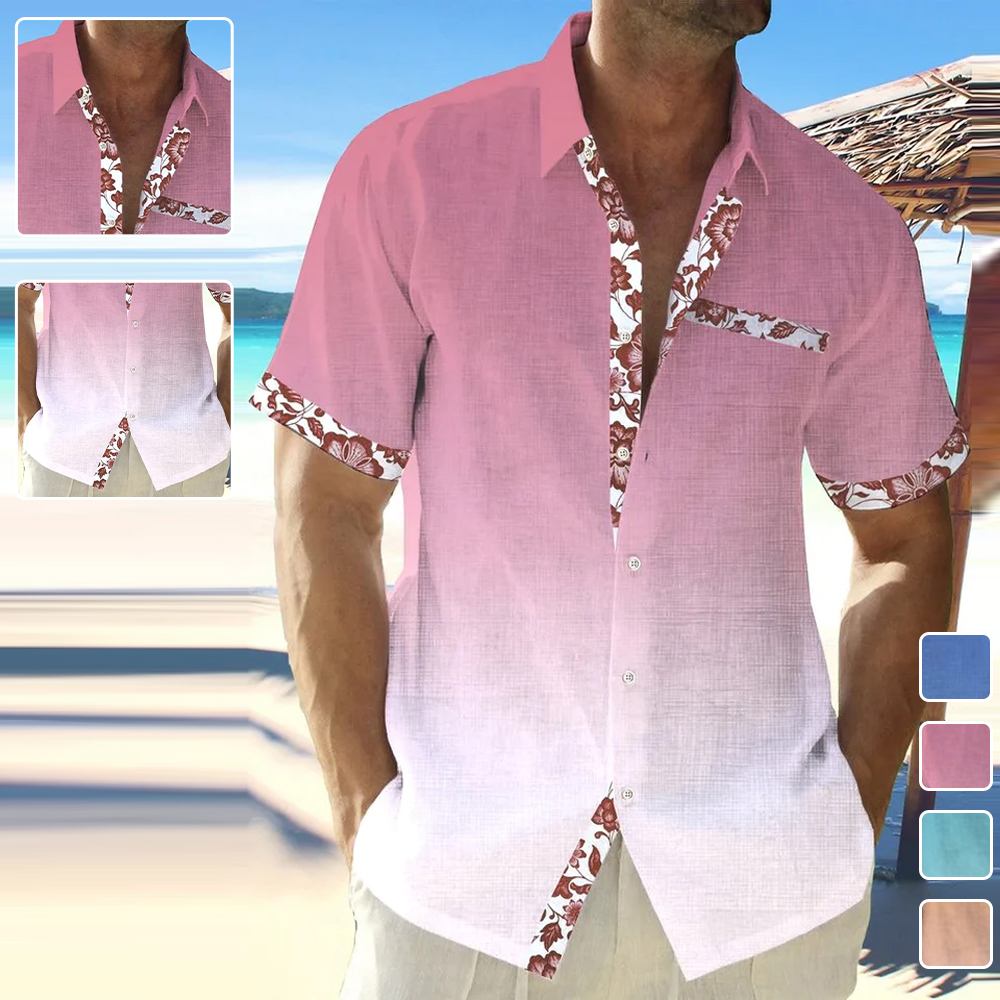 Reemelody Men's Ombre Print Color Block Hawaiian Short Sleeve Shirt