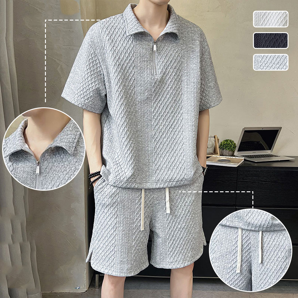 Reemelody Men's Lapel POLO Shirt + Shorts Fashion Embossed Set