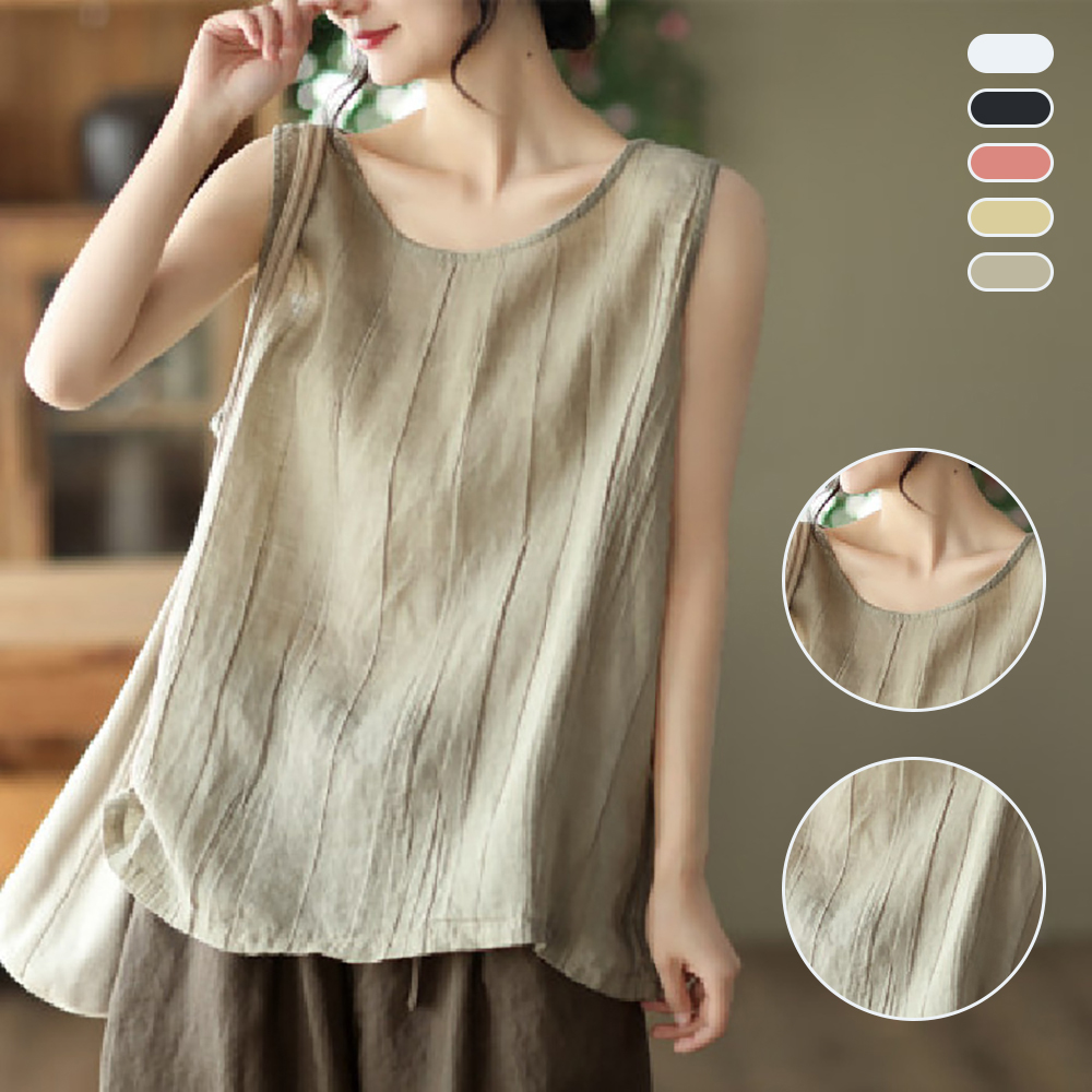 Reemelody Women's round neck pleated cotton and linen vest