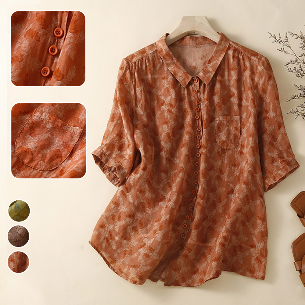 Reemelody Women's cotton and linen floral thin three-quarter sleeve shirt