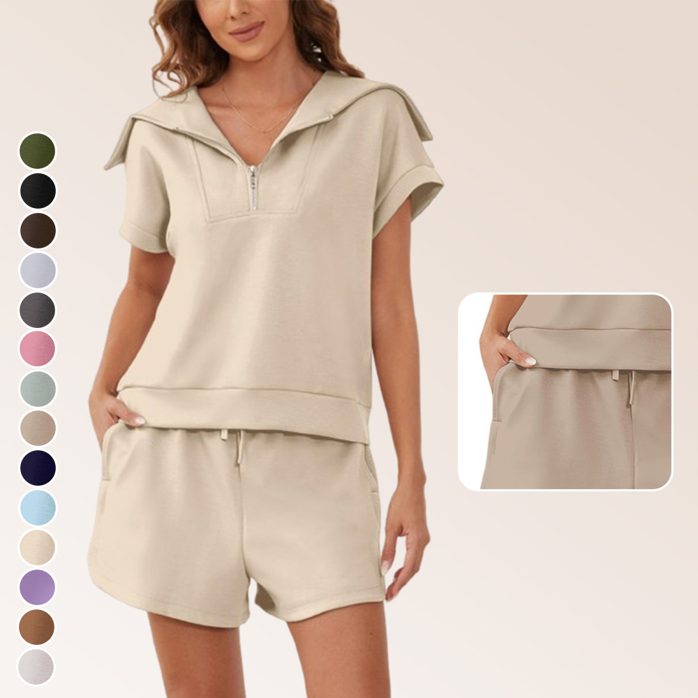 Reemelody Women's zipper lapel short-sleeved pullover + shorts set