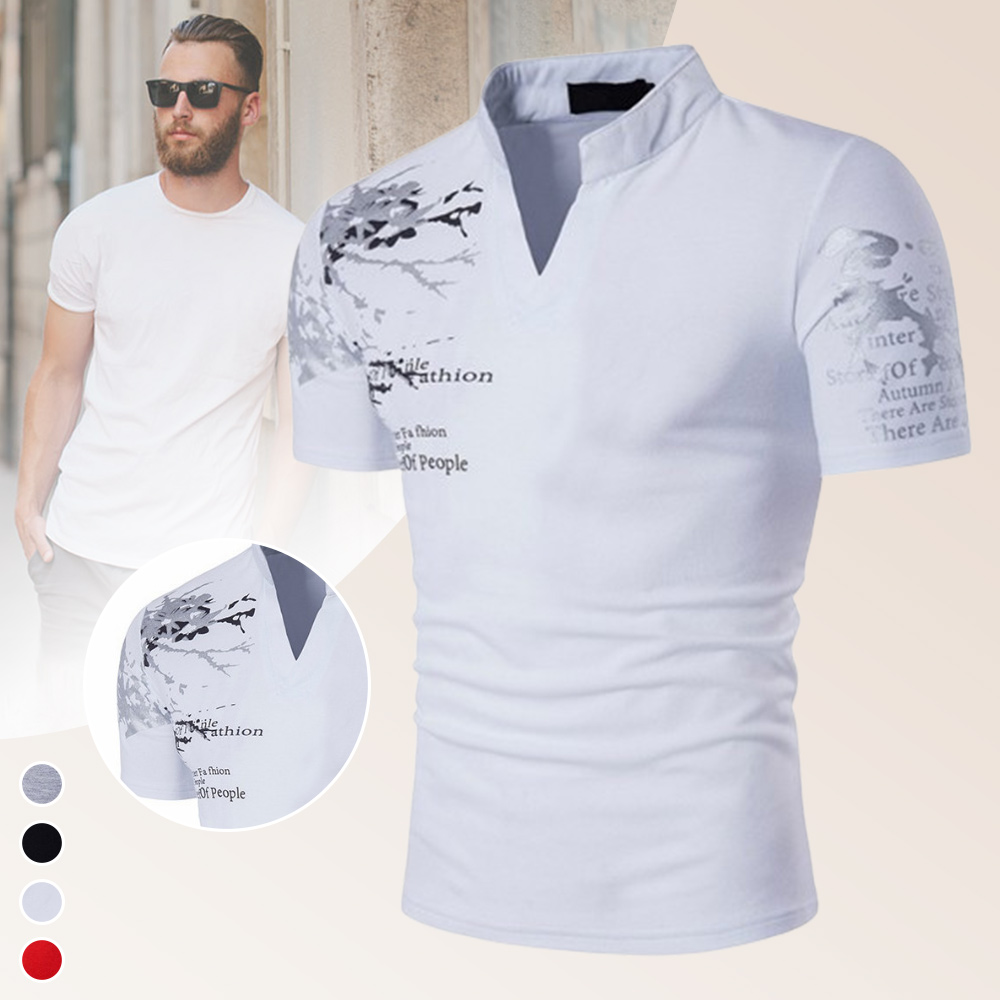 Reemelody Men's V-neck stand collar printed slim fit T-shirt