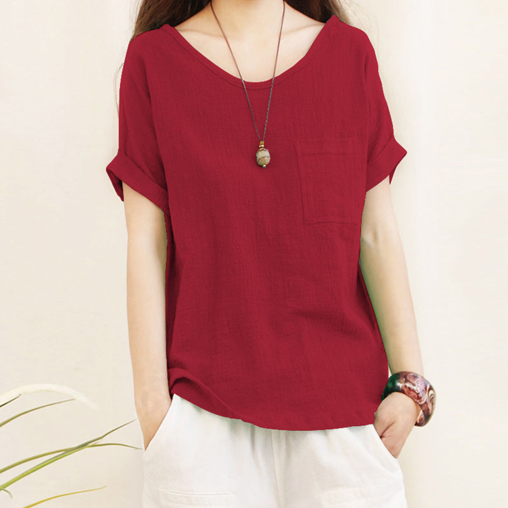 Reemelody Women's cotton and linen round neck short-sleeved casual tops