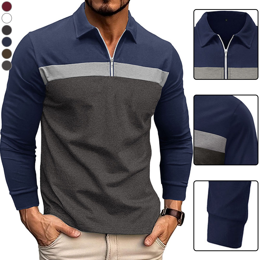 Diggetty Men's half-zip colorblock striped long-sleeve polo shirt