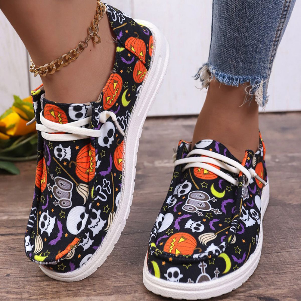 Reemelody New women's pumpkin ghost cute canvas shoes