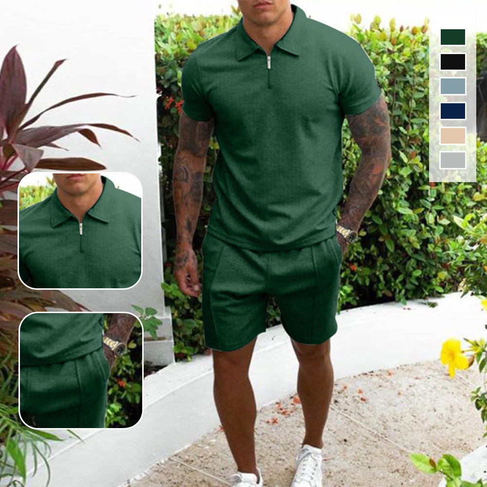 Reemelody Men's Slim Fit Zipper POLO Shirt Casual Shorts Set