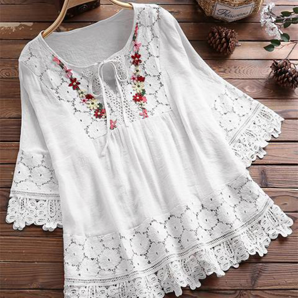 Reemelody Women's lace hollow flower embroidered V-neck lace-up top